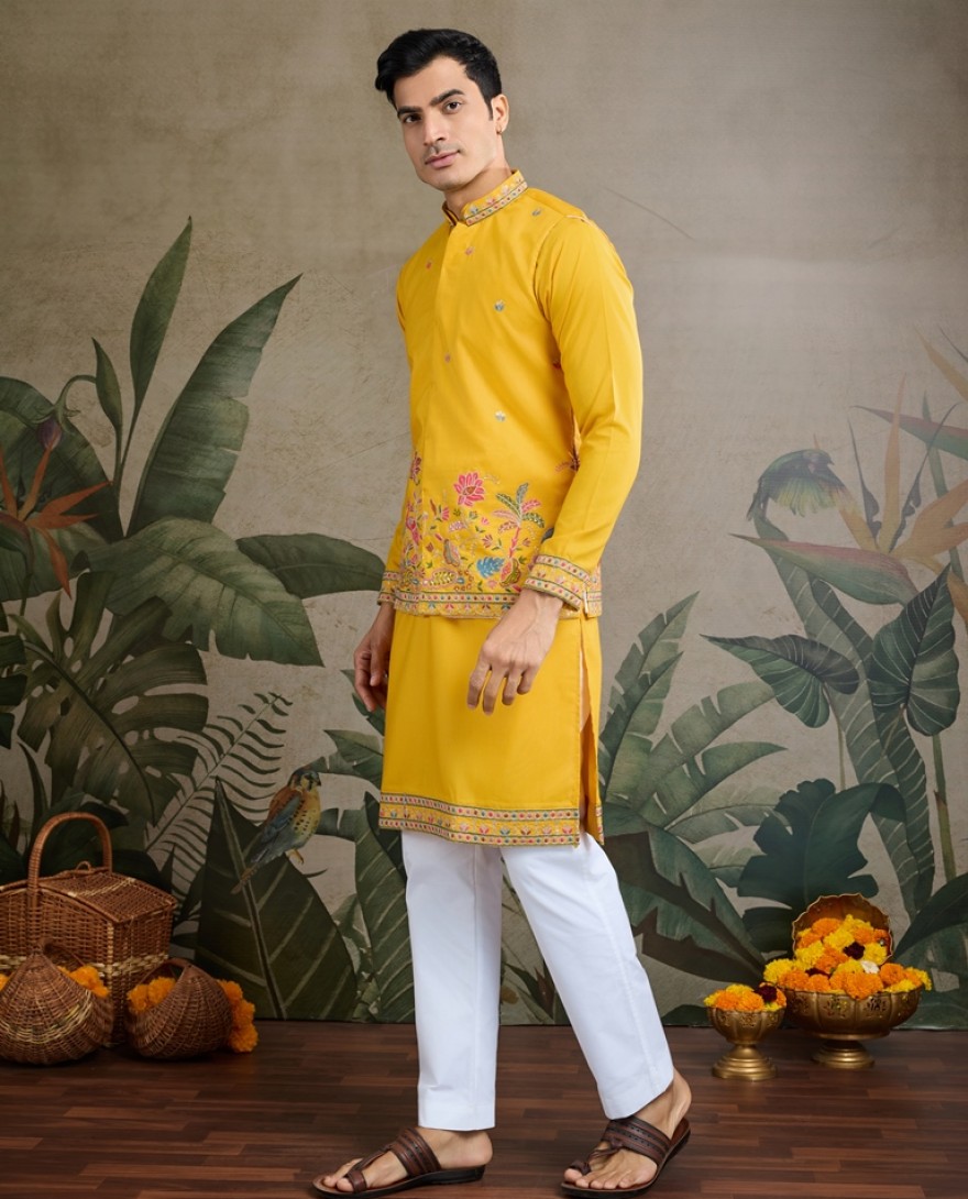 61233-yellow - Designer Yellow Cotton Kurta with Koti Jacket Online
